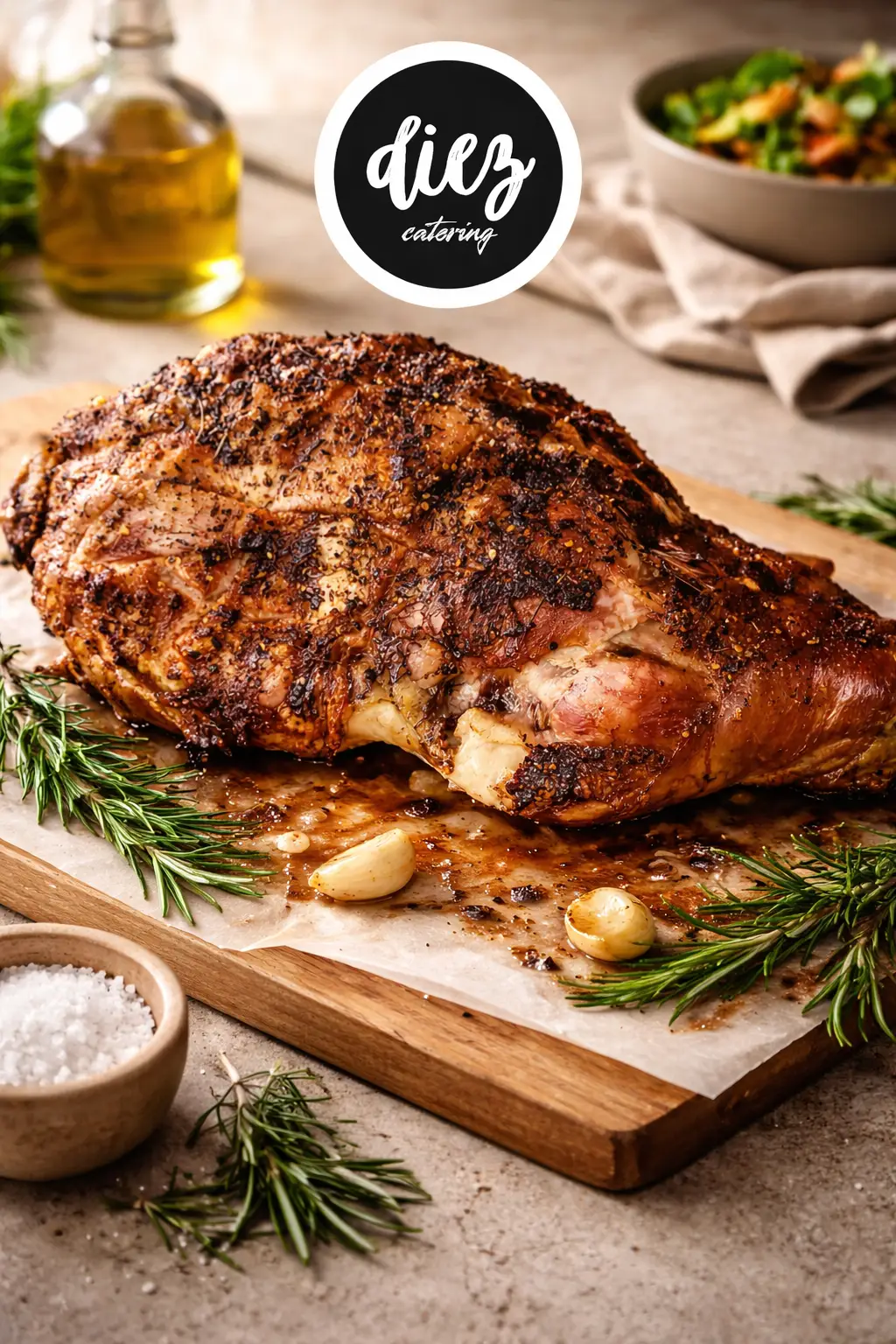 Pernil servido con panes y salsas