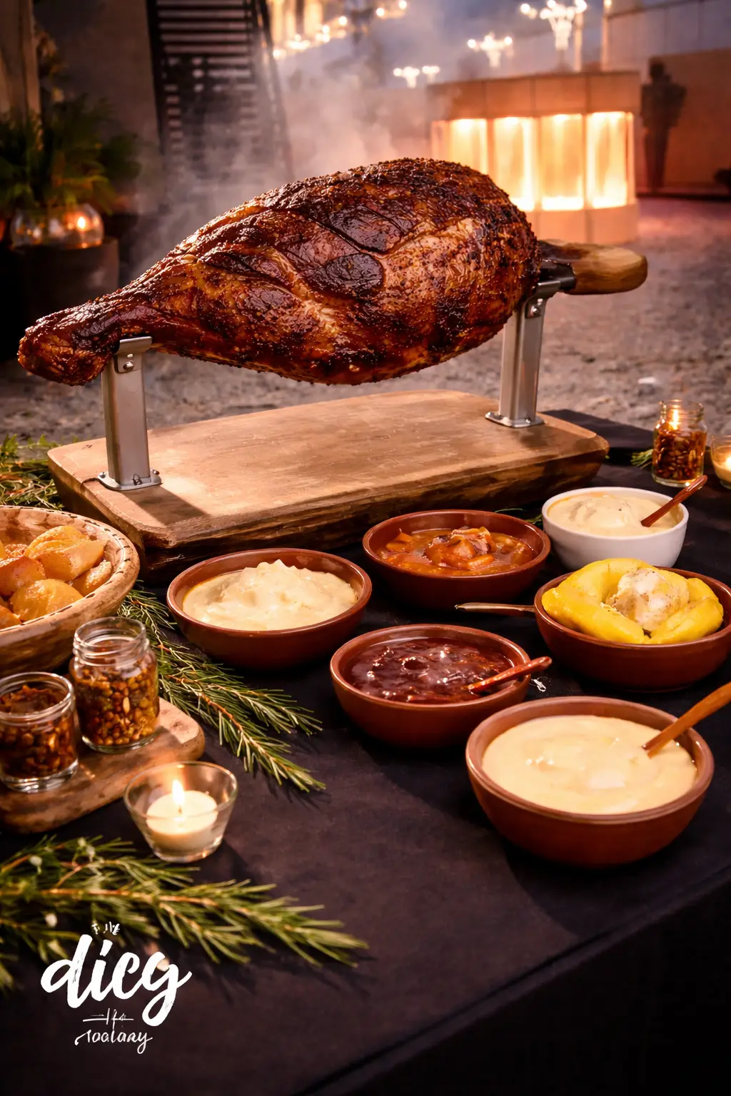 Pernil party con variedad de acompañamientos